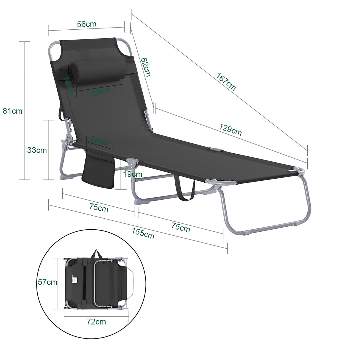SoBuy OGS35-SCH Transat de Jardin Pliable avec Oreiller et Poche Latérale, Chaise Longue Relax, Confortable, Design Fonctionnel – L155×P56×H81 cm, Noir