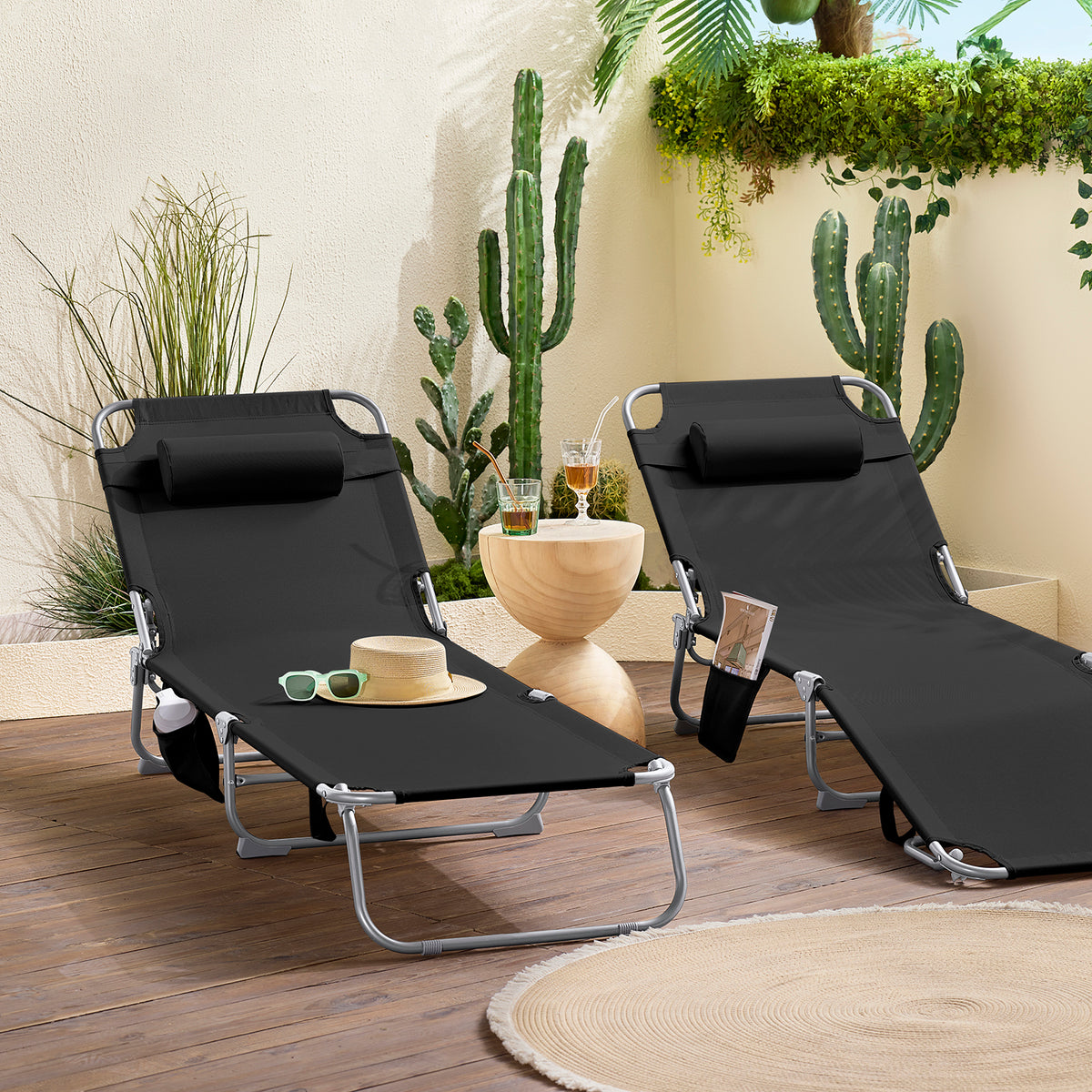 SoBuy OGS35-SCHx2 Lot de 2 Transats de Jardin Pliable avec Oreiller et Poche Latérale, Chaise Longue Relax, Design Fonctionnel – L155×P56×H81 cm, Noir