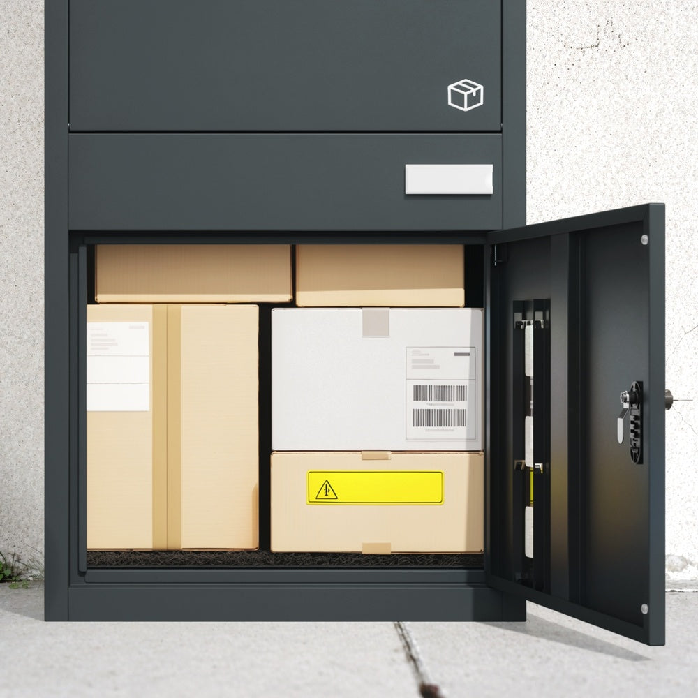 SoBuy OGS66-DG Boîte aux Lettres avec Compartiment Colis Anthracite – Boîte à Colis XXL sur Pied avec Serrure à Code, Coffre de Livraison Extérieur en Acier – 55×35×105 cm, Charge 34 kg