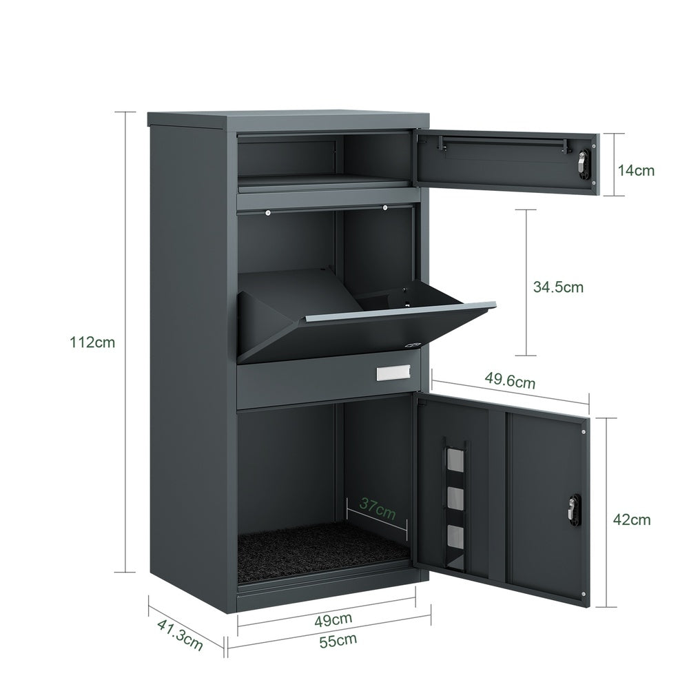 SoBuy OGS67-DG Boîte aux Lettres avec Compartiment Colis Anthracite – Boîte à Colis Extérieure Sécurisée sur Pied à 3 Portes, Acier Thermolaqué Anti-Vol – 55×41,3×112 cm, Charge 40 kg