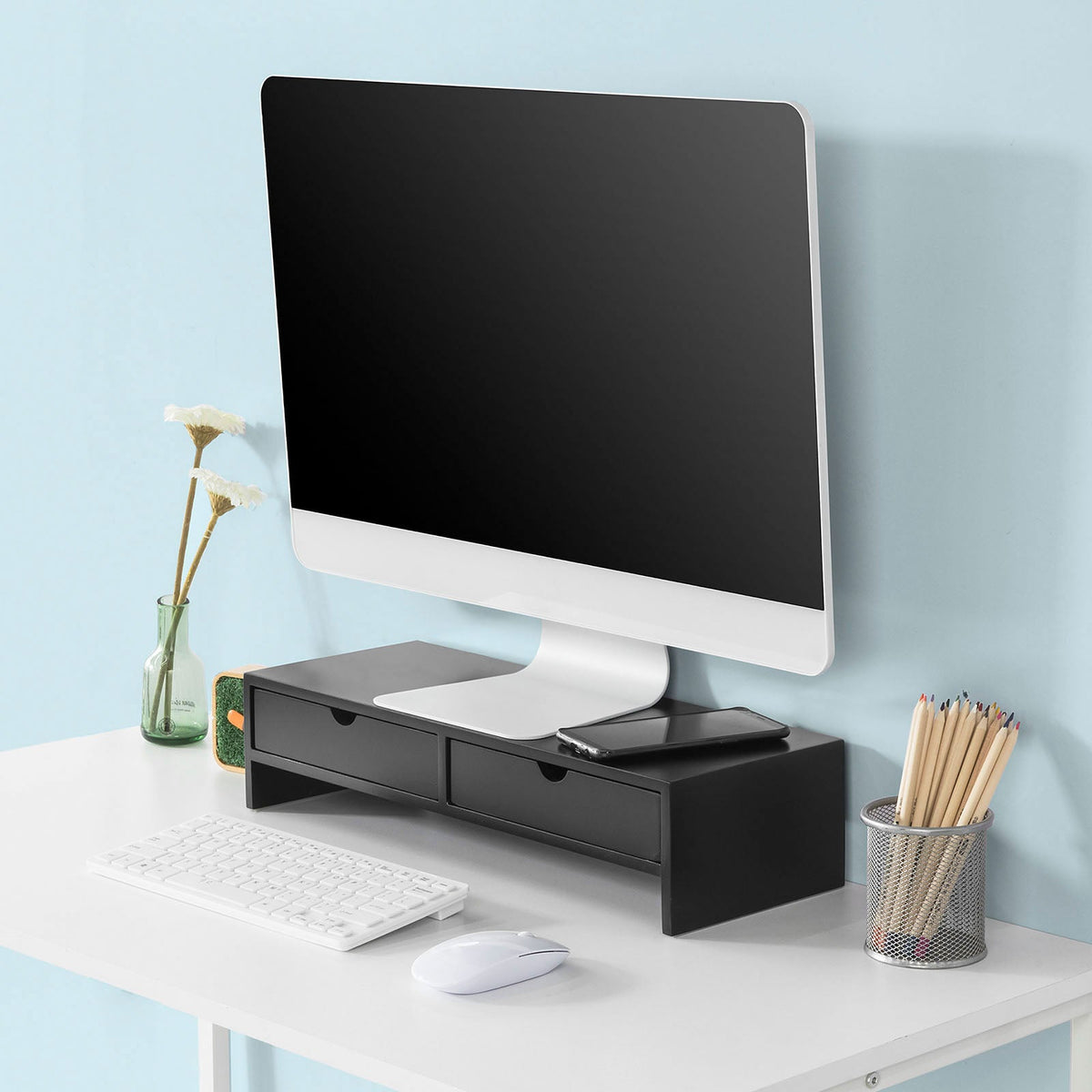 SoBuy BBF02-SCH Support Écran PC Rehausseur Ecran PC Bureau avec 2 Tiroirs et Rangement Support Moniteur Universel pour Ordinateur Portable ou Écran Noir 47x18x11cm