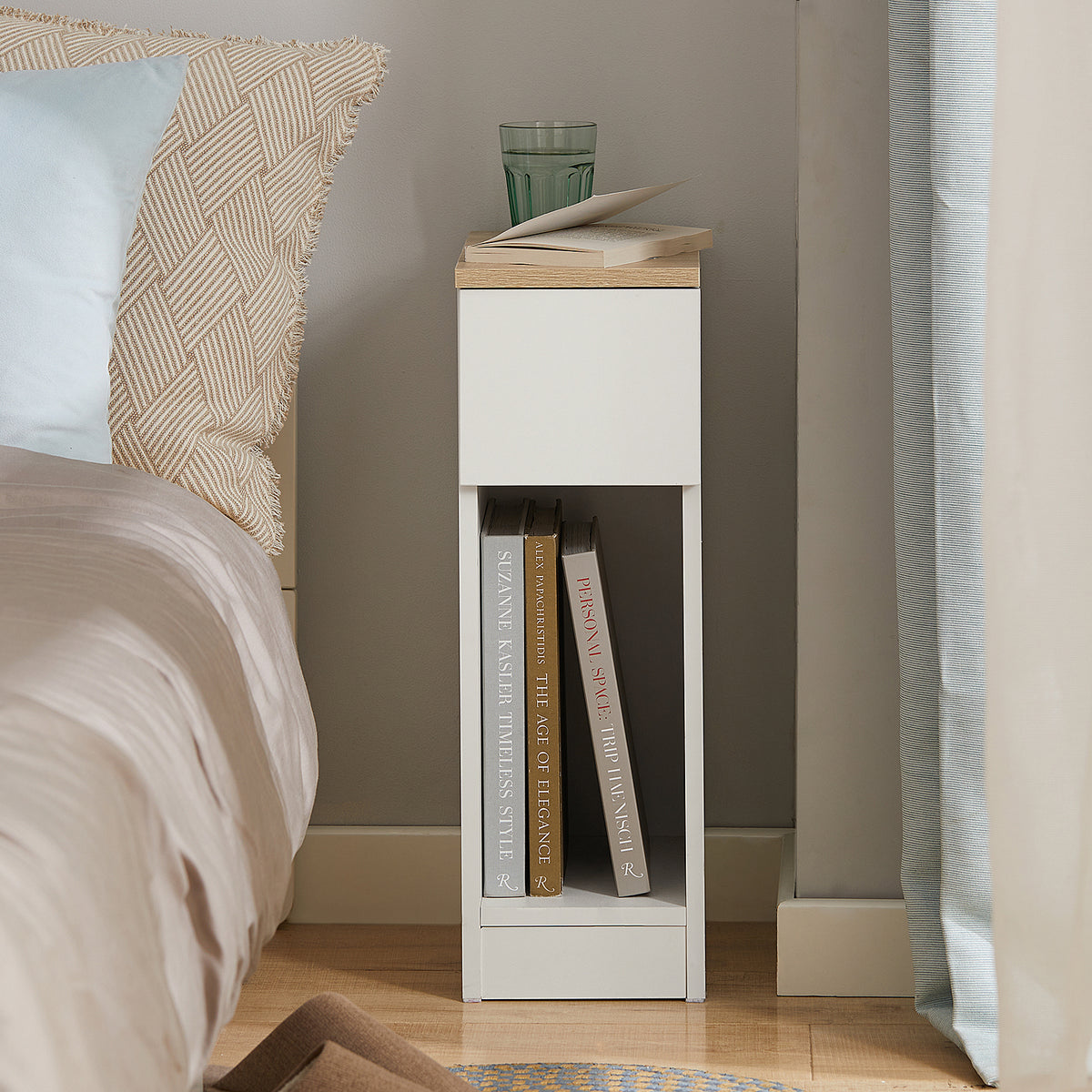 SoBuy FBT111-WN Table de Chevet Étroite 20 cm avec Tiroir et Étagère – Bois Noyer, 60 cm