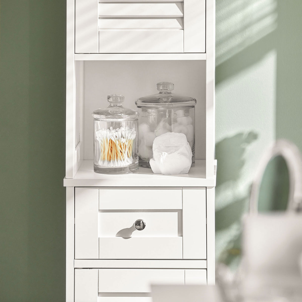 sobuyes.shopG236-W Colonne de Salle de Bain – 32 cm, 2 Portes Persiennes, Tiroir et Niche, Blanc