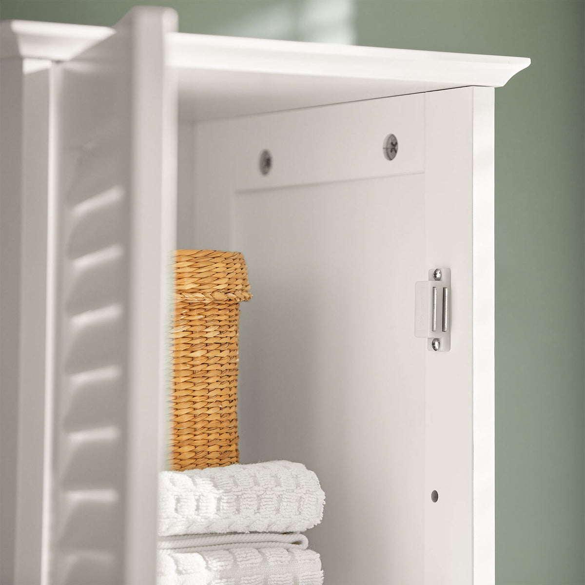 sobuyes.shopG236-W Colonne de Salle de Bain – 32 cm, 2 Portes Persiennes, Tiroir et Niche, Blanc