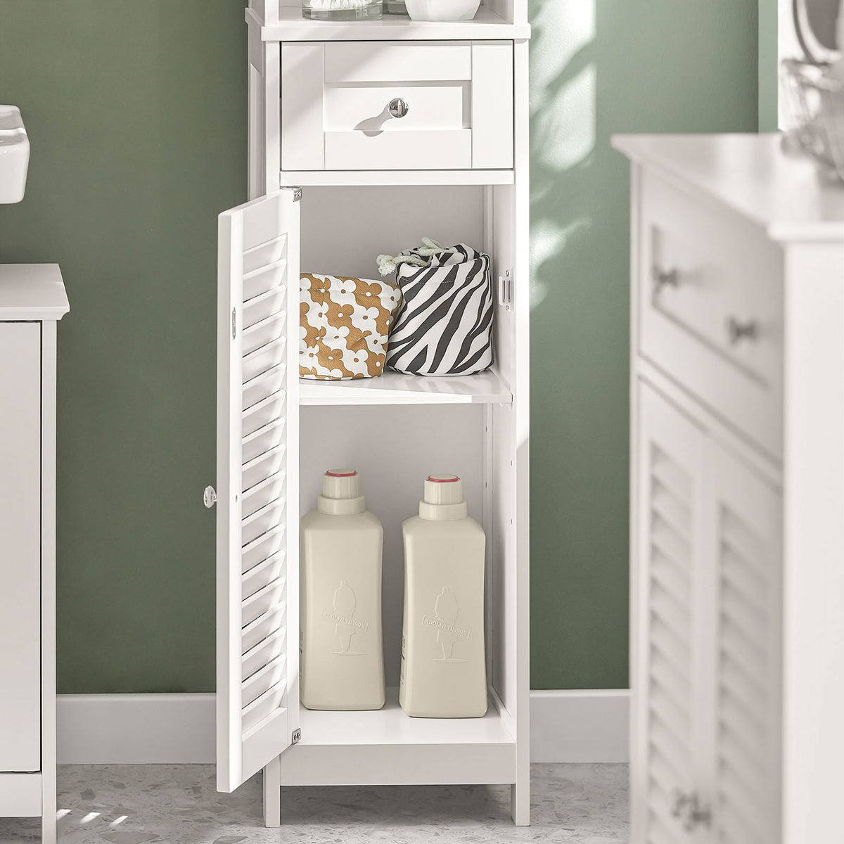 sobuyes.shopG236-W Colonne de Salle de Bain – 32 cm, 2 Portes Persiennes, Tiroir et Niche, Blanc