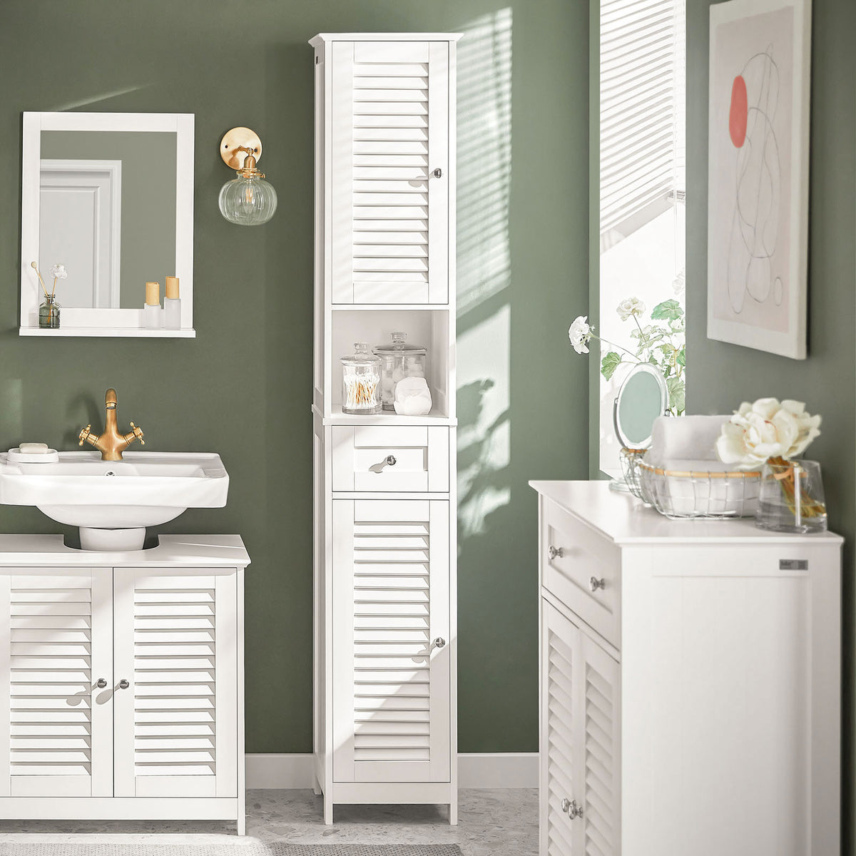 sobuyes.shopG236-W Colonne de Salle de Bain – 32 cm, 2 Portes Persiennes, Tiroir et Niche, Blanc