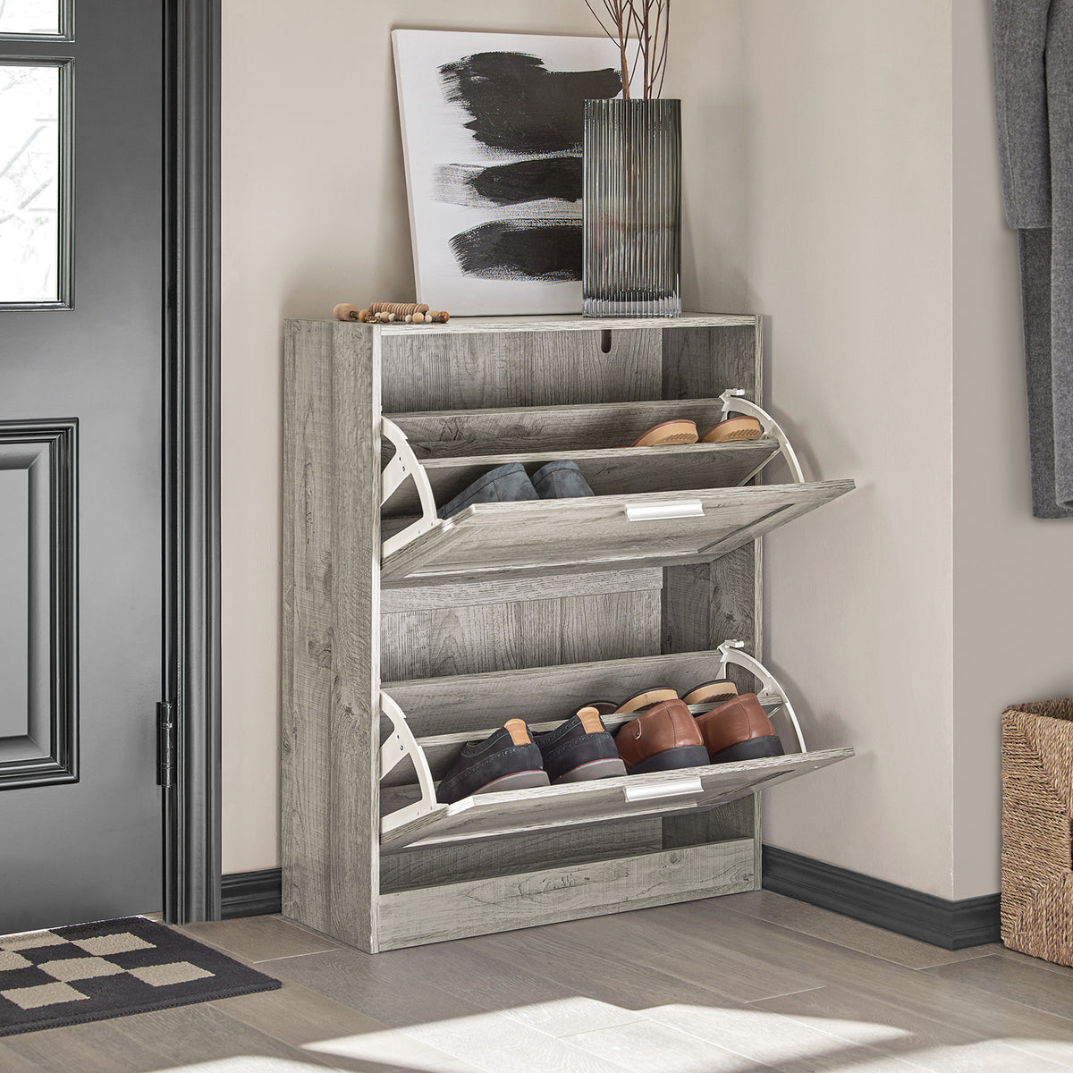 SoBuy FSR137-HG Armoire à Chaussures 2 Abattants Réglables, Slim pour Entrée Couloir – Gris Effet Bois