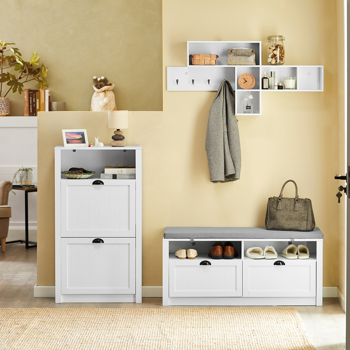 SoBuy FSR87-K-W Armoire à Chaussures 2 Abattants et Compartiment Ouvert – 60×24×110 cm, 50 kg, MDF E1, Blanc