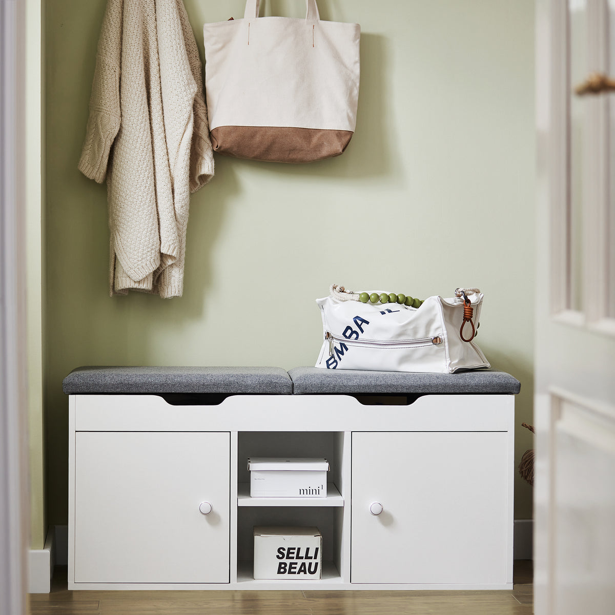 SoBuy FSR96-W Banc à Chaussures avec Coussin Rembourré, 2 Portes et 3 Étagères Réglables, Design Moderne, Compact – L100×P34×H47 cm, Charge 150 kg, Blanc