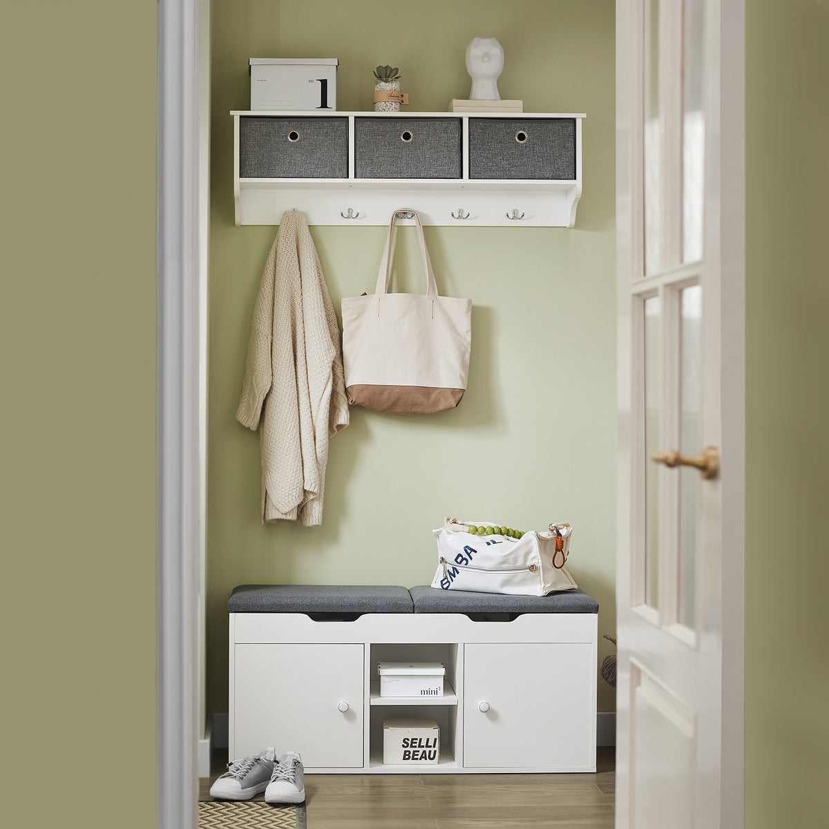 SoBuy FSR96-W Banc à Chaussures avec Coussin Rembourré, 2 Portes et 3 Étagères Réglables, Design Moderne, Compact – L100×P34×H47 cm, Charge 150 kg, Blanc