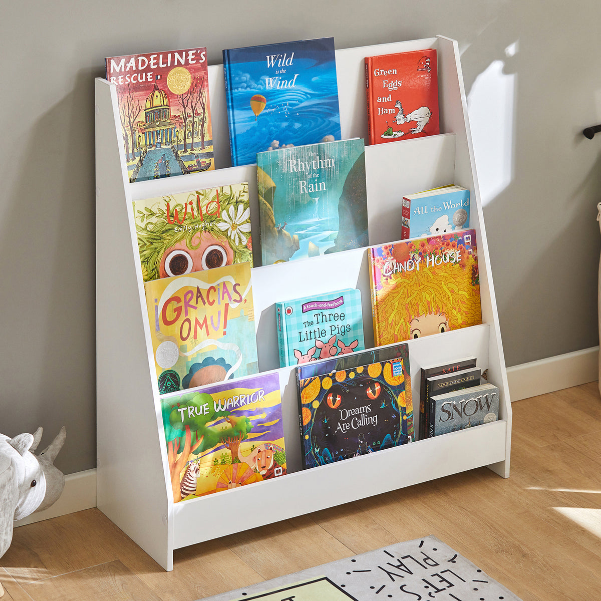 SoBuy KMB32-W Bibliothèque Montessori Enfant – 4 Compartiments pour Livres et Jouets, Blanc