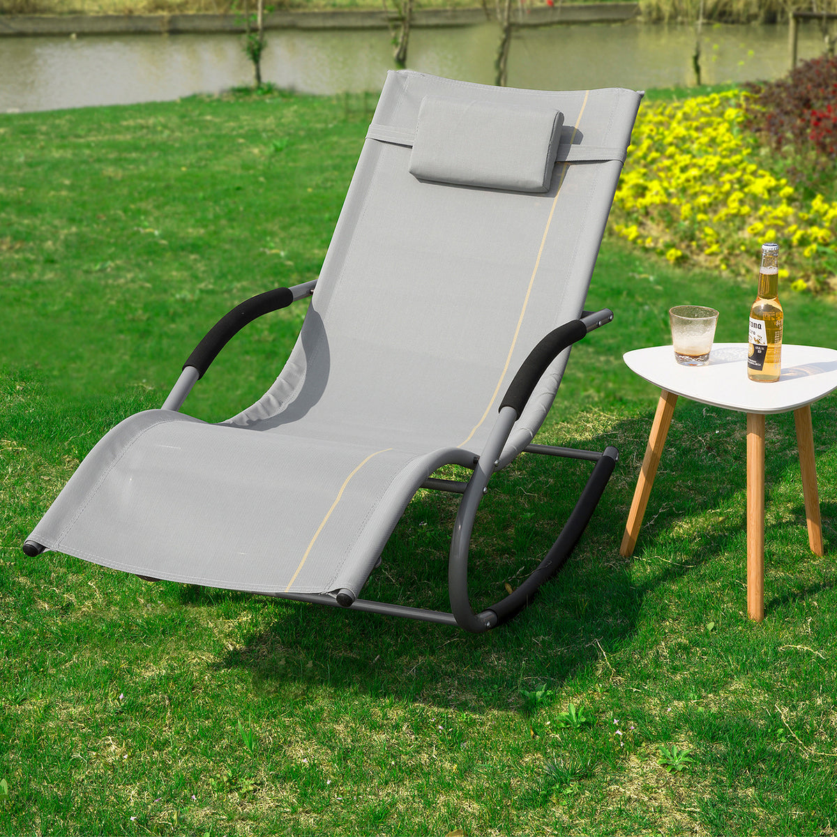 SoBuy OGS28-HGx2 Lot de 2 Chaises Longues à Bascule – Appui-Tête Réglable, Pochette Latérale, Textilène, Charge 150 kg, Gris