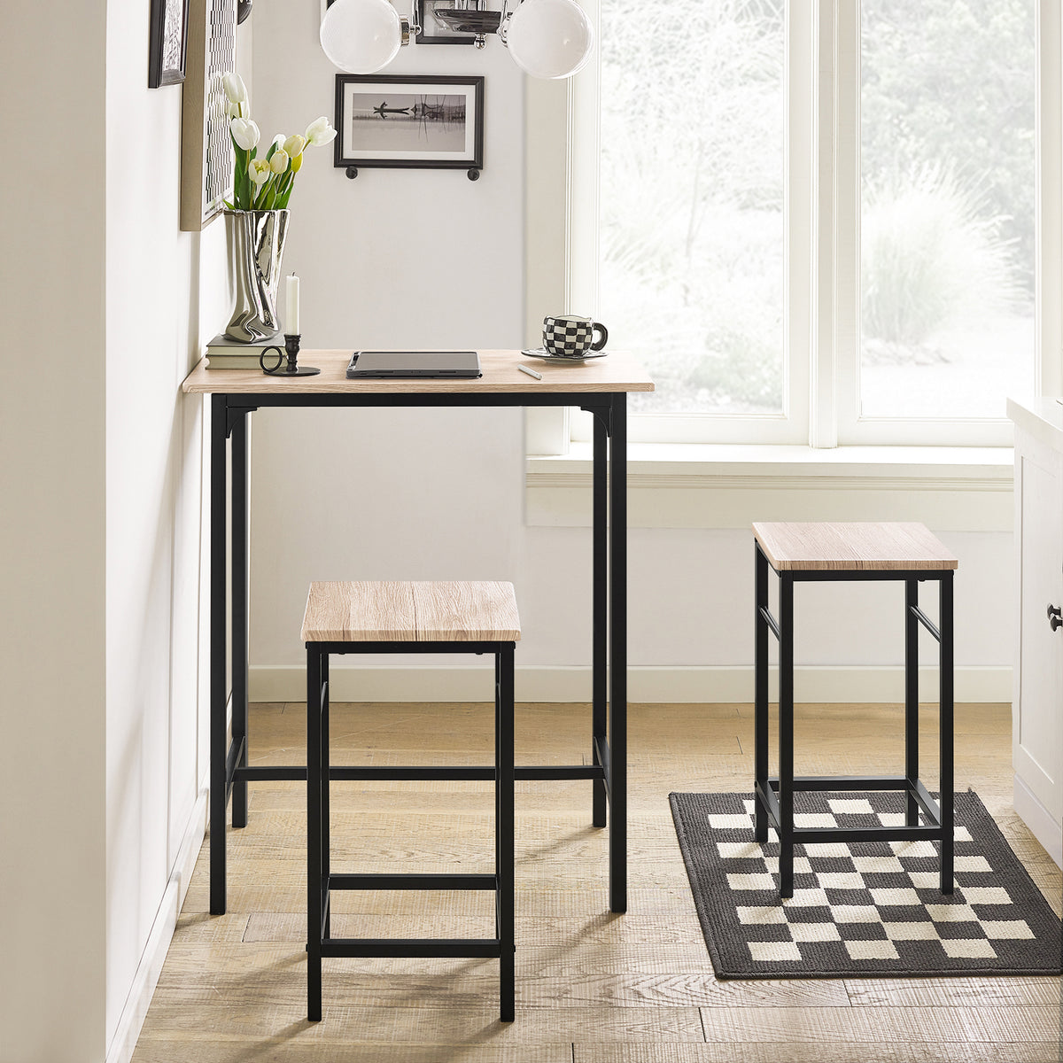 SoBuy OGT10-N Ensemble Table Haute + 2 Tabourets avec Repose-Pieds – L80 × P50 × H87 cm, Naturel