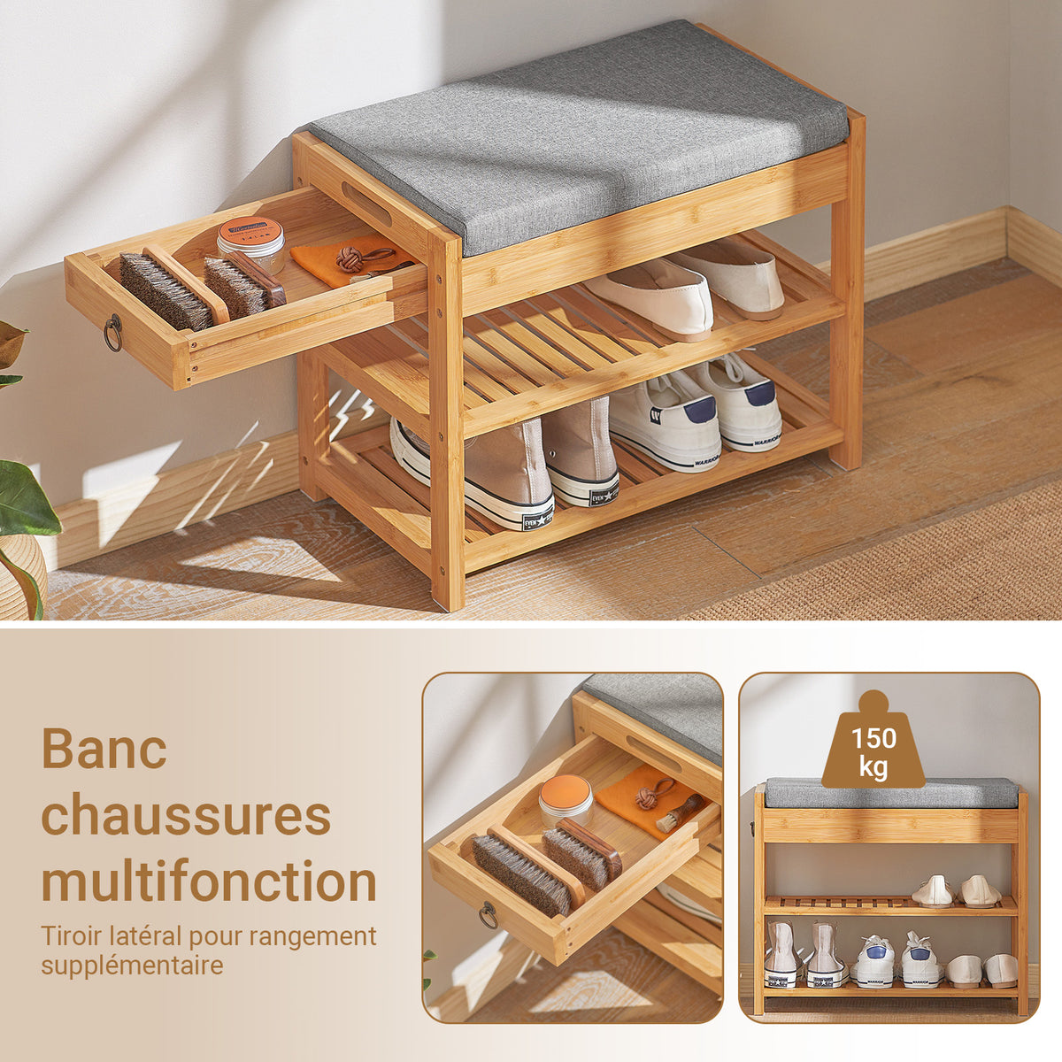 SoBuy FSR49-N Banc à Chaussures en Bambou 55 × 30 × 46 cm, Coussin, 2 Étagères et Tiroir Latéral – Naturel