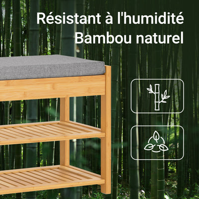 SoBuy FSR49-N Banc à Chaussures en Bambou 55 × 30 × 46 cm, Coussin, 2 Étagères et Tiroir Latéral – Naturel