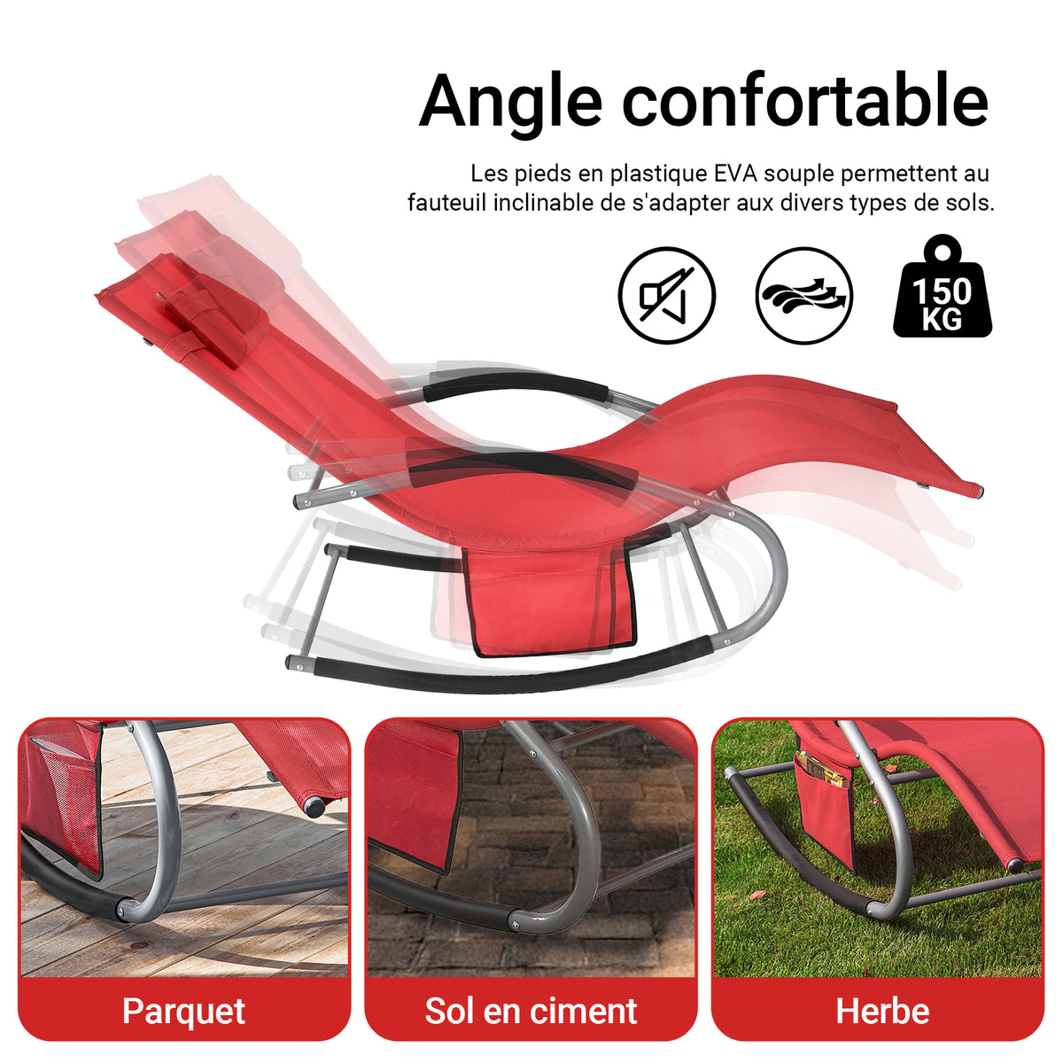 SoBuy OGS28-R Chaise Longue Transat de Jardin Bascule avec Appui-tête Réglable et Pochette latérale