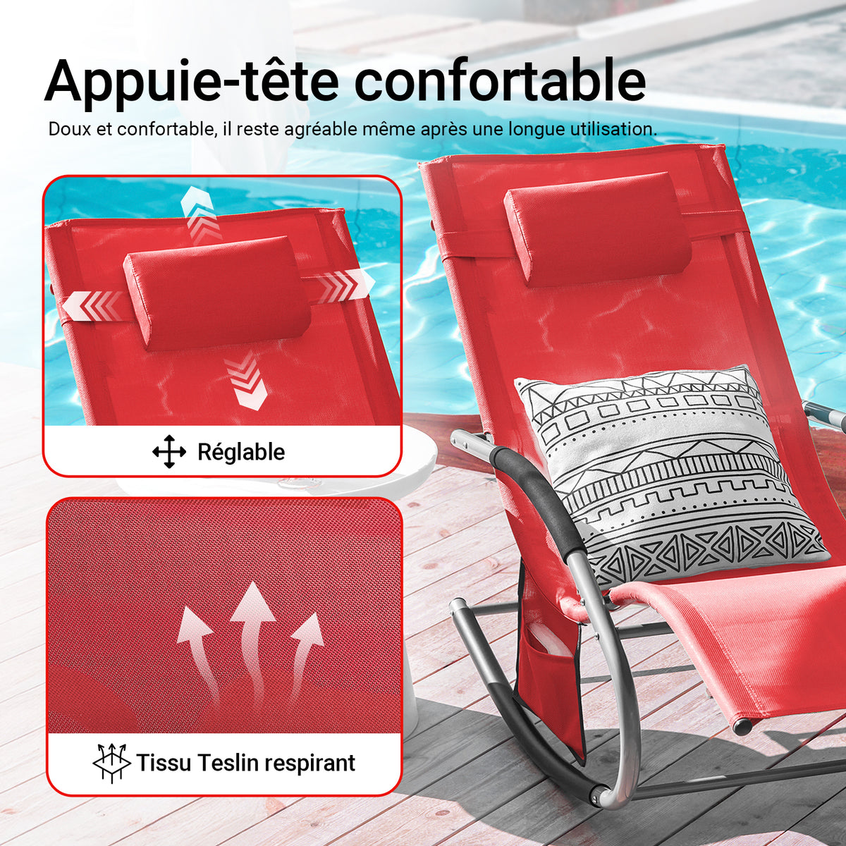 SoBuy OGS28-R Chaise Longue Transat de Jardin Bascule avec Appui-tête Réglable et Pochette latérale