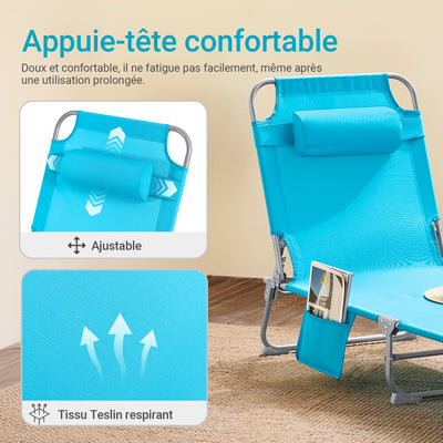 SoBuy OGS35-B Transat de Jardin Pliable avec Oreiller et Poche Latérale, Chaise Longue Relax, Confortable, Design Fonctionnel – L155×P56×H81 cm, Bleu Ciel