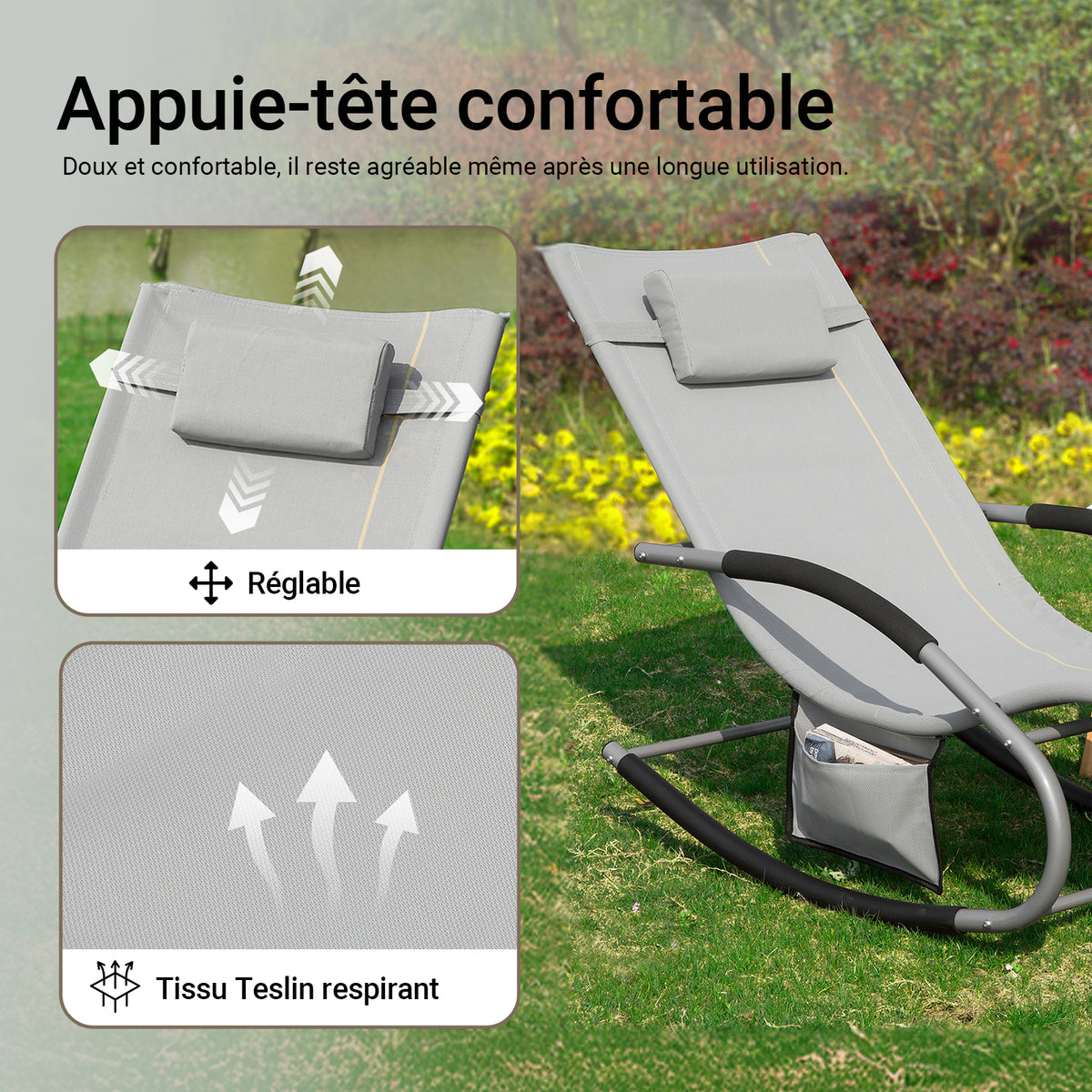 SoBuy OGS28-HGx2 Lot de 2 Chaises Longues à Bascule – Appui-Tête Réglable, Pochette Latérale, Textilène, Charge 150 kg, Gris