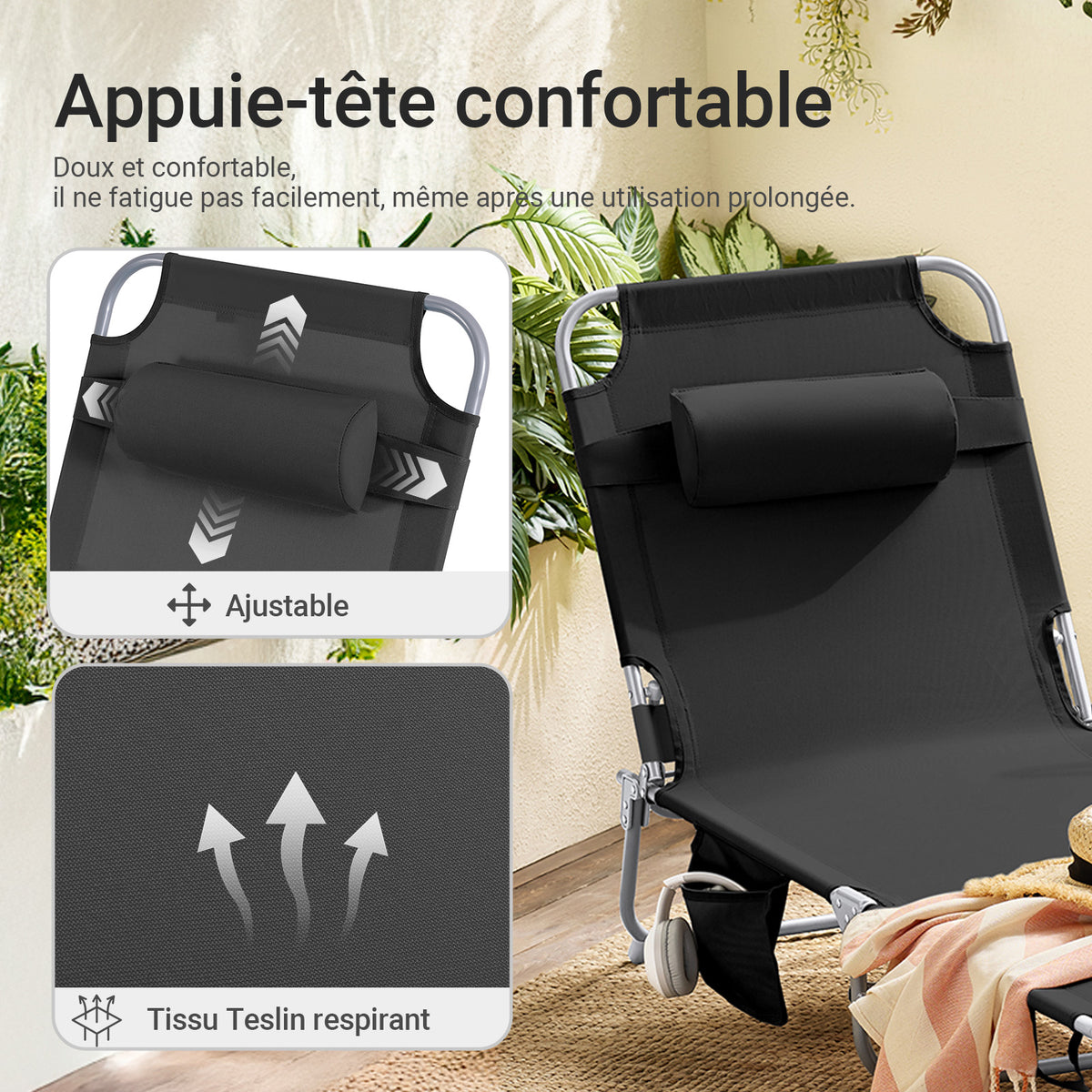 SoBuy OGS35-SCH Transat de Jardin Pliable avec Oreiller et Poche Latérale, Chaise Longue Relax, Confortable, Design Fonctionnel – L155×P56×H81 cm, Noir