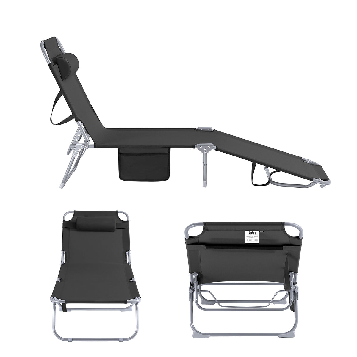 SoBuy OGS35-SCH Transat de Jardin Pliable avec Oreiller et Poche Latérale, Chaise Longue Relax, Confortable, Design Fonctionnel – L155×P56×H81 cm, Noir
