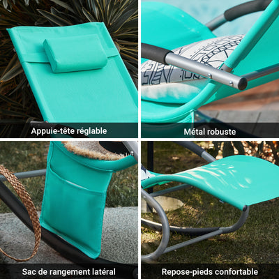 SoBuy OGS28-TBx2 Lot de 2 Chaise Longue Transat de Jardin Bascule avec Appui-tête Réglable et Pochette latérale