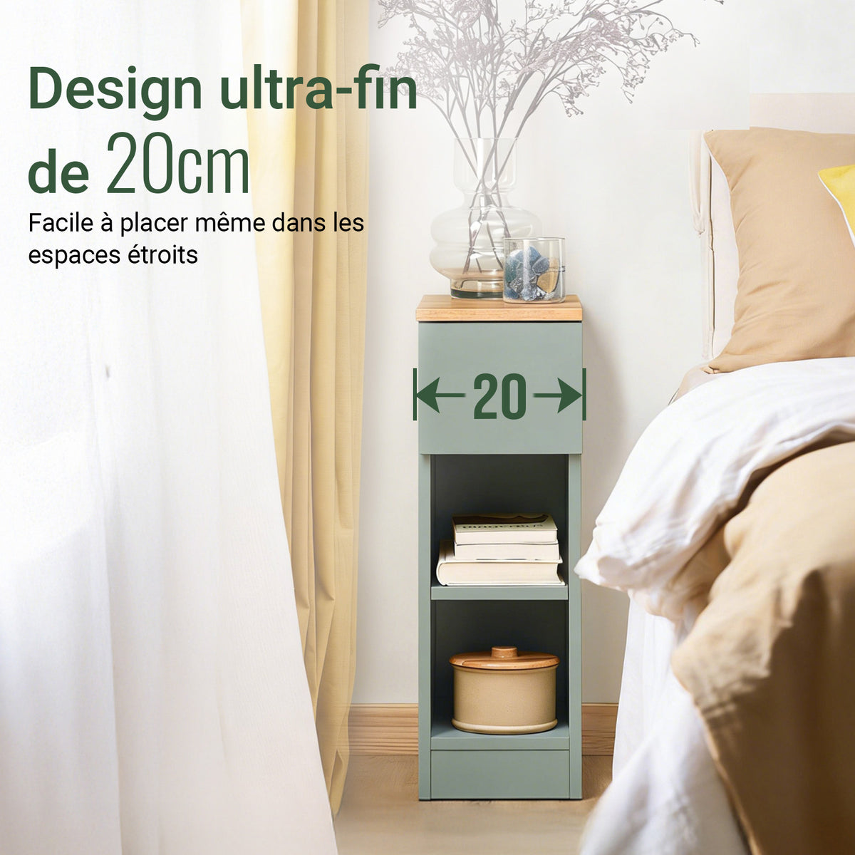 SoBuy FBT111-GR Table de Chevet Ultra-Fine avec Tiroir et Étagère – L20×P35×H60 cm, Charge max. 20 kg, MDF/PB E1, Vert