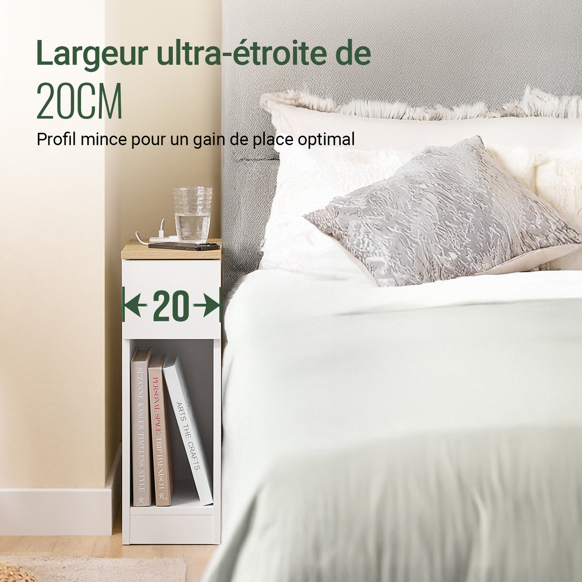 SoBuy FBT111-E-WNX2 Lot de 2 Tables de Chevet 20 × 35 × 60 cm avec Prise, USB et USB-C – Blanc et Effet Bois