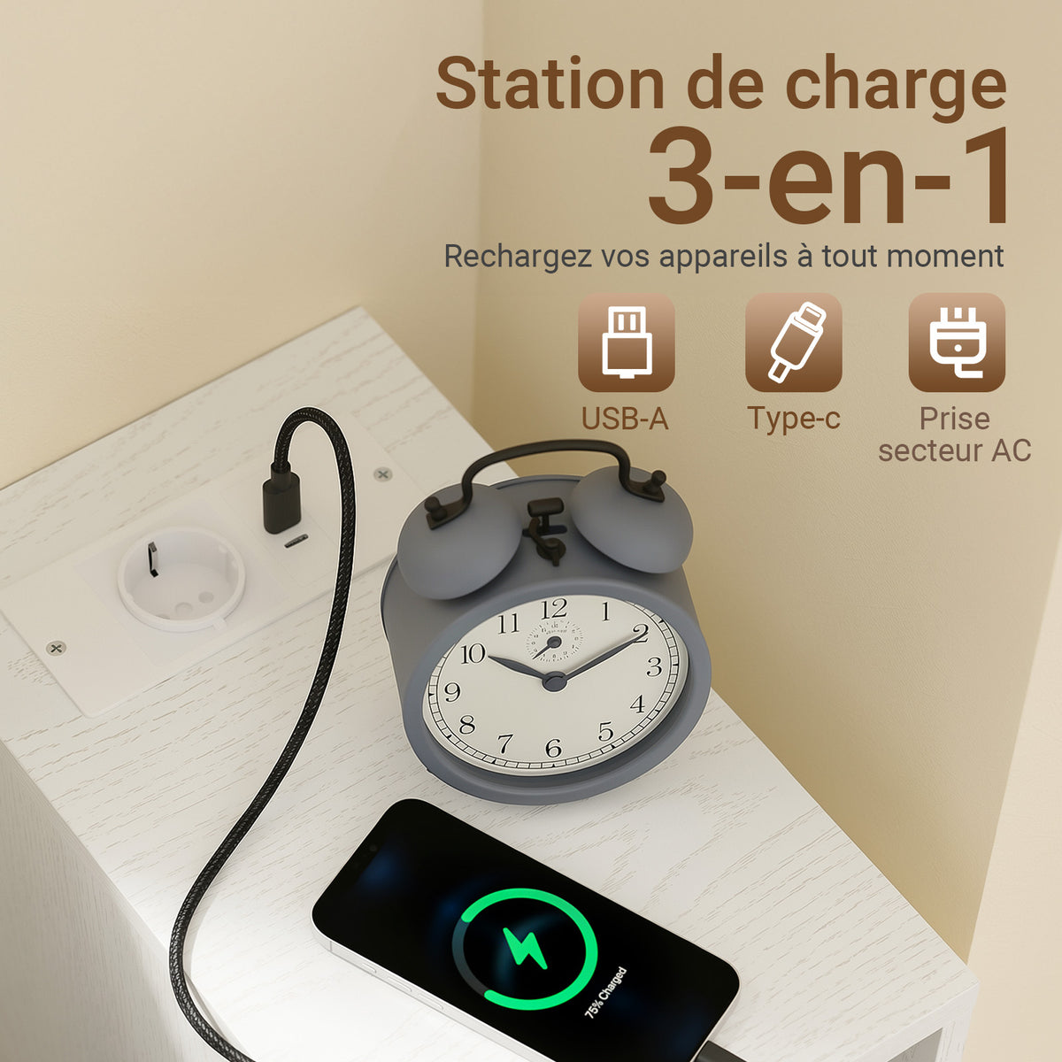 SoBuy FBT149-E-WG Table de Chevet Étroite 20cm avec Chargeur USB & Type-C + Lampe LED Magnétique – Blanc Effet Bois