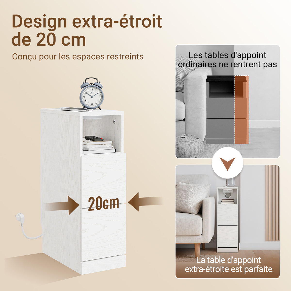 SoBuy FBT149-E-WG Table de Chevet Étroite 20cm avec Chargeur USB & Type-C + Lampe LED Magnétique – Blanc Effet Bois