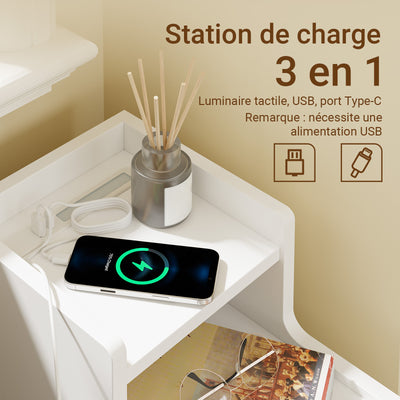 SoBuy FBT178-E-WN Table de Chevet Étroite – 22 cm, Chargeur USB-A & Type-C, Barre LED Tactile, 2 Tiroirs