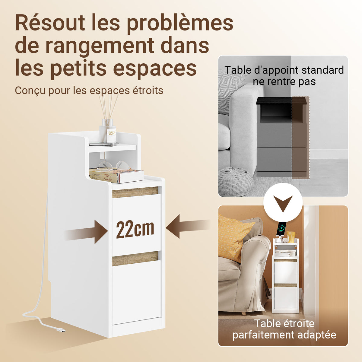 SoBuy FBT178-E-WN Table de Chevet Étroite – 22 cm, Chargeur USB-A & Type-C, Barre LED Tactile, 2 Tiroirs