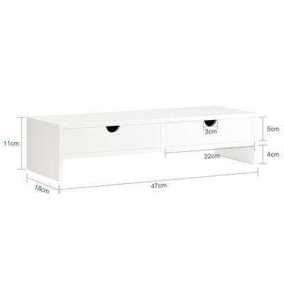 SoBuy BBF02-W Support Écran PC Rehausseur Ecran PC Bureau avec 2 Tiroirs et Rangement Support Moniteur Universel pour Ordinateur Portable ou Écran Blanc 47x18x11cm