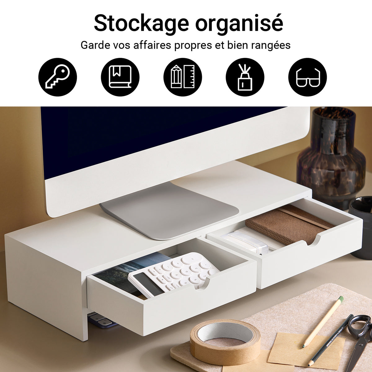 SoBuy BBF02-W Support Écran PC Rehausseur Ecran PC Bureau avec 2 Tiroirs et Rangement Support Moniteur Universel pour Ordinateur Portable ou Écran Blanc 47x18x11cm
