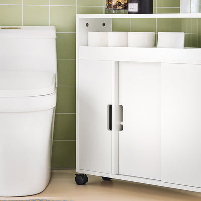 SoBuy BZR02-W Meuble Salle de Bain à Roulettes avec 2 Portes Coulissantes – L70×P20×H71 cm, Charge 30 kg, MDF E1, Blanc