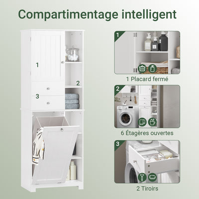 SoBuy BZR104-W Colonne Salle de Bain avec Panier à Linge Intégré – 6 Étagères Réglables, 2 Tiroirs, Gain de Place 171 cm, Blanc