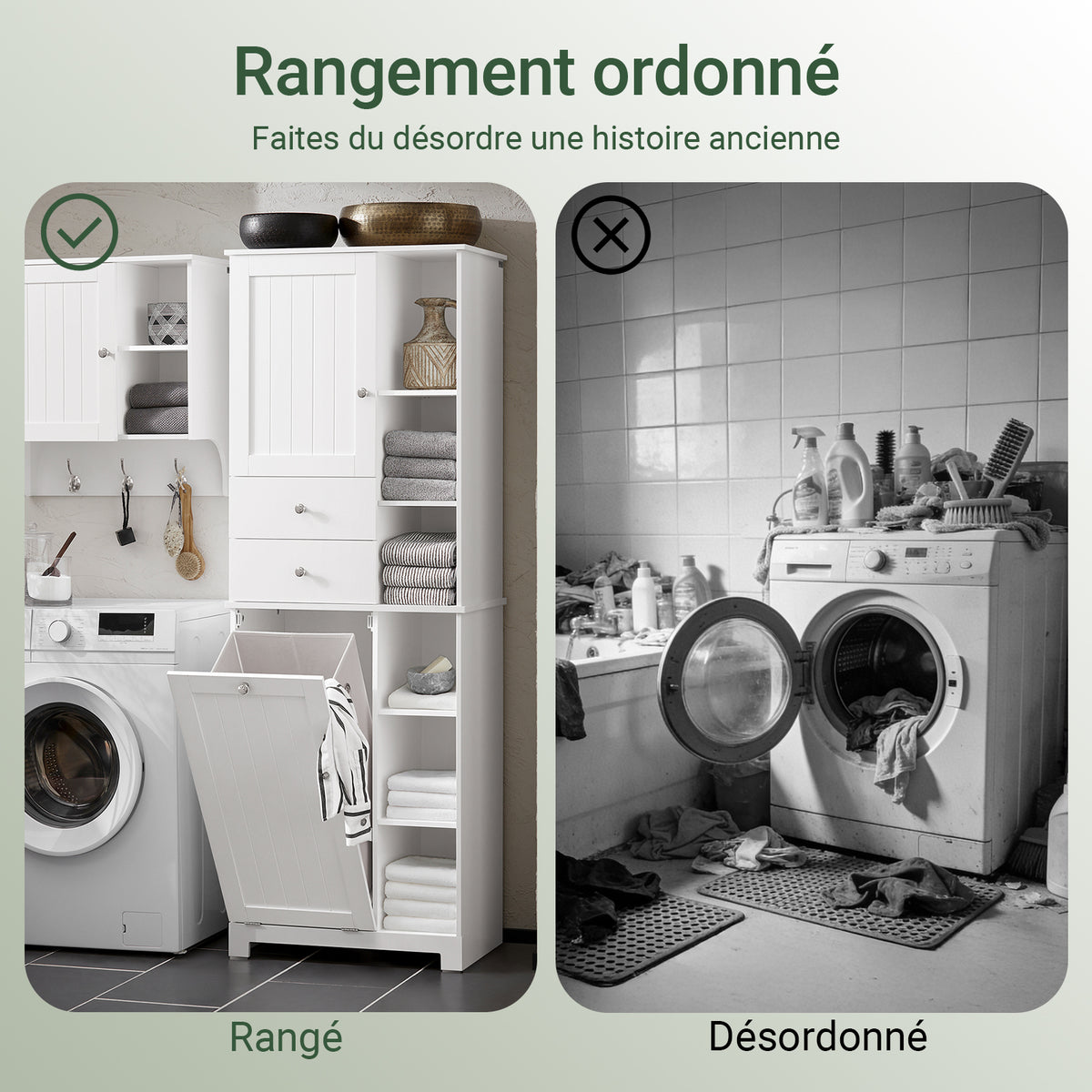 SoBuy BZR104-W Colonne Salle de Bain avec Panier à Linge Intégré – 6 Étagères Réglables, 2 Tiroirs, Gain de Place 171 cm, Blanc