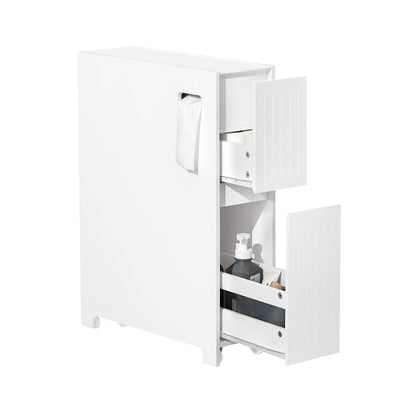 SoBuy BZR111-W Meuble WC Étroit 20 cm sur Roulettes – Rangement Papier Toilette, 2 Tiroirs, Blanc
