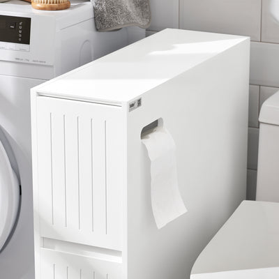SoBuy BZR111-W Meuble WC Étroit 20 cm sur Roulettes – Rangement Papier Toilette, 2 Tiroirs, Blanc