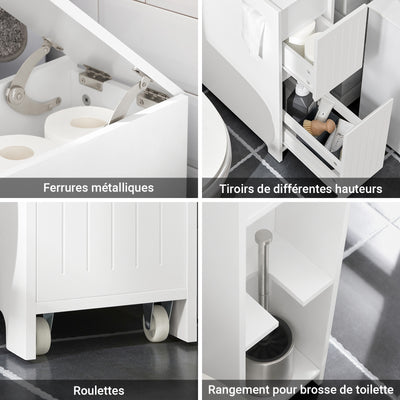 SoBuy BZR111-W Meuble WC Étroit 20 cm sur Roulettes – Rangement Papier Toilette, 2 Tiroirs, Blanc