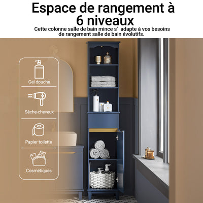 SoBuy BZR112-B Colonne de Salle de Bain Bleue – 3 Niches, 1 Tiroir et 1 Porte, 35 × 30 × 170 cm