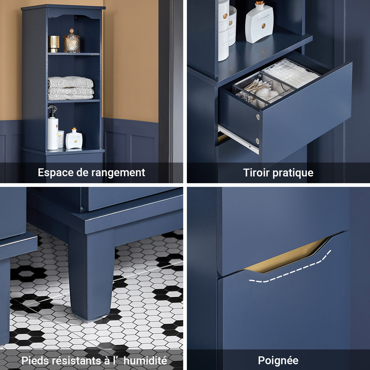 SoBuy BZR112-B Colonne de Salle de Bain Bleue – 3 Niches, 1 Tiroir et 1 Porte, 35 × 30 × 170 cm