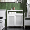 SoBuy BZR119-W Meuble WC à Roulettes avec 2 Portes Coulissantes en Rotin – L65×P20×H70 cm, Charge 35 kg, MDF E1, Blanc