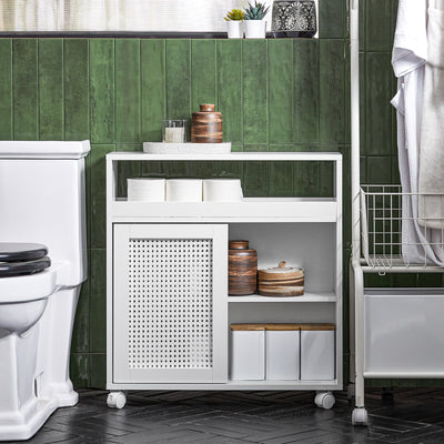 SoBuy BZR119-W Meuble WC à Roulettes avec 2 Portes Coulissantes en Rotin – L65×P20×H70 cm, Charge 35 kg, MDF E1, Blanc