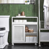 SoBuy BZR119-W Meuble WC à Roulettes avec 2 Portes Coulissantes en Rotin – L65×P20×H70 cm, Charge 35 kg, MDF E1, Blanc
