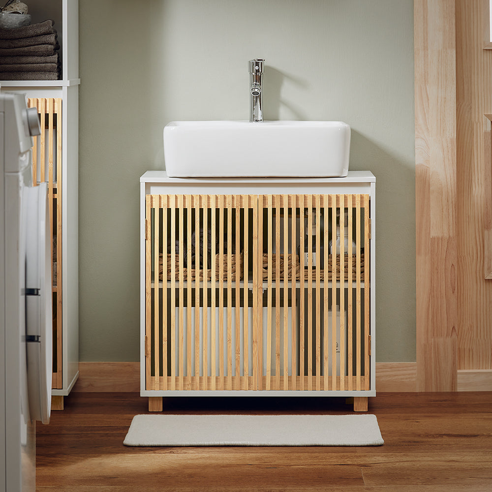 SoBuy BZR125-W Meuble sous Lavabo de Salle de Bain, Meuble sous Vasque à 2 Portes en Bambou, Placard Armoire de Rangement Meuble évier de Cuisine, L60 x P30 x H61 cm