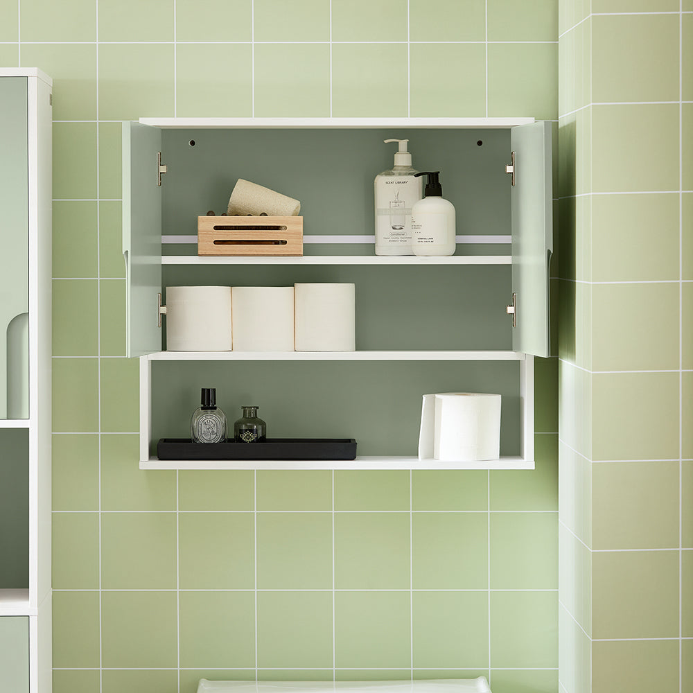 SoBuy BZR140-GR Armoire Murale de Salle de Bain – 60 × 15 × 54 cm, 2 Portes et Niche Ouverte, Vert et Blanc