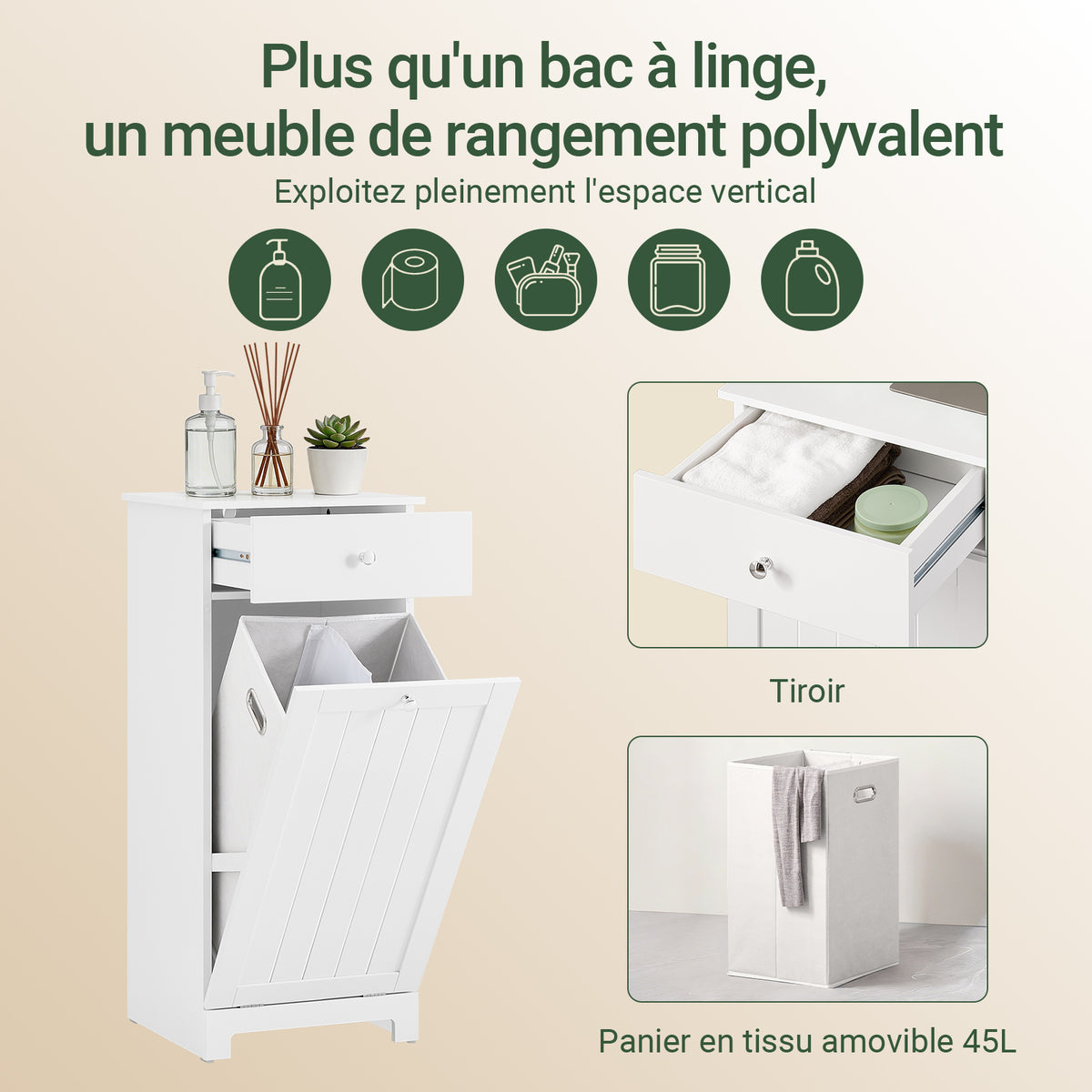 SoBuy BZR21-II-W Meuble Panier à Linge 45 L – 2 Compartiments et 1 Tiroir, 40 × 38 × 90 cm, Blanc
