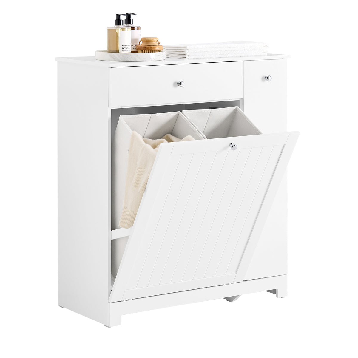 SoBuy BZR214-W Meuble Salle de Bain avec Panier à Linge Colonne de Rangement avec 1 Tiroir, et Compartiment Coulissant, Armoi