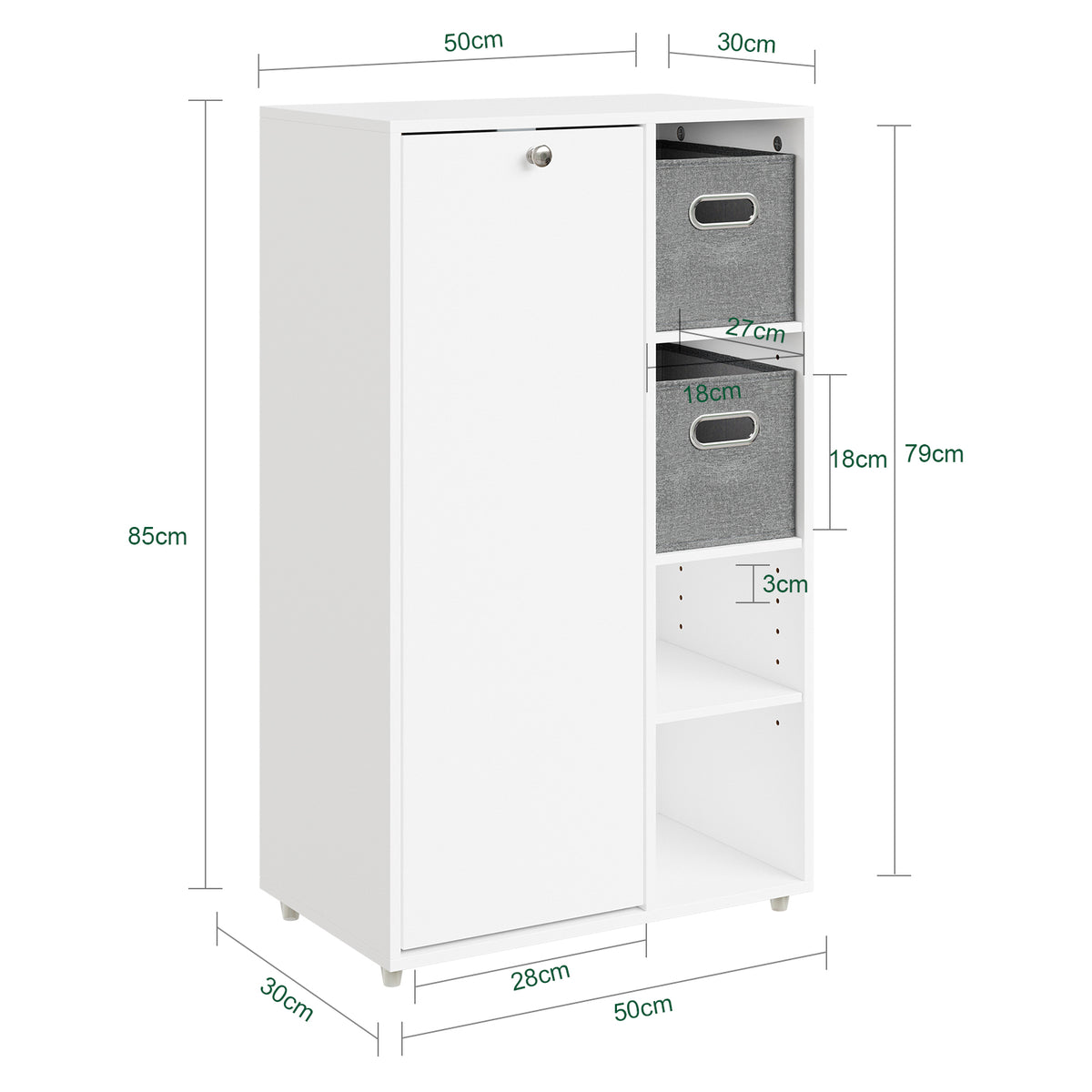 SoBuy BZR218-W Meuble Salle de Bain avec Panier à Linge Intégré, Porte Basculante, 2 Paniers en Tissu et 3 Étagères Réglables – Colonne Rangement Blanc, 50 × 30 cm